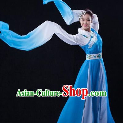 Traditional Chinese Classical Umbrella Dance Water Sleeve Costume, China Yangko Dance Blue Clothing for Women