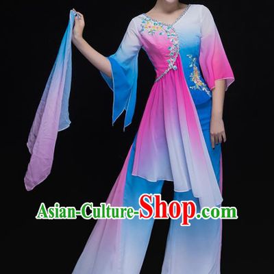 Traditional Chinese Classical Yangge Dance Costume, China Yangko Dance Fan Dance Blue Clothing for Women