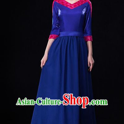 Traditional Chinese Modern Dance Costume, Opening Dance Chorus Singing Group Blue Dress Clothing for Women