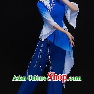 Traditional Chinese Classical Umbrella Dance Costume, China Folk Dance Yangko Blue Clothing for Women