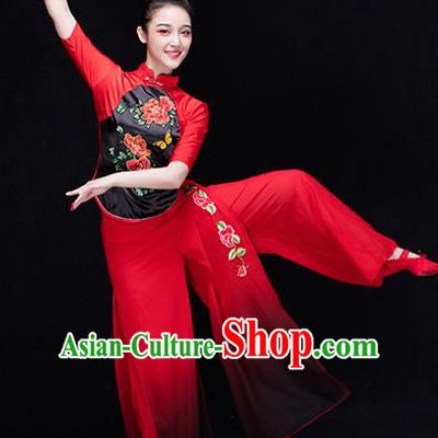 Traditional Chinese Classical Yangge Dance Costume, China Yangko Dance Fan Dance Embroidered Red Clothing for Women