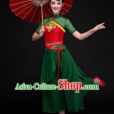 Traditional Chinese Classical Dance Fan Dance Green Costume, China Folk Dance Yangko Clothing for Women