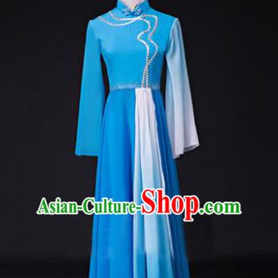 Traditional Chinese Classical Lotus Dance Costume, China Yangko Dance Blue Clothing for Women