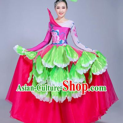 Traditional Chinese Modern Dance Opening Dance Flowers Dress Clothing, China Folk Dance Lotus Dance Costume for Women