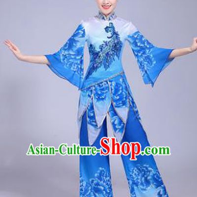 Traditional Chinese Classical Umbrella Dance Costume, China Yangko Folk Dance Blue Clothing for Women
