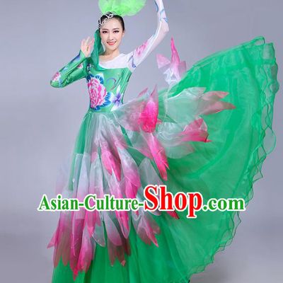 Traditional Chinese Modern Dance Opening Dance Flowers Green Dress Clothing, China Folk Dance Lotus Dance Costume for Women