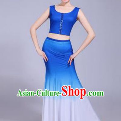 Traditional Chinese Dai Nationality Peacock Dance Blue Costume, China Folk Dance Pavane Dance Dress Clothing for Women