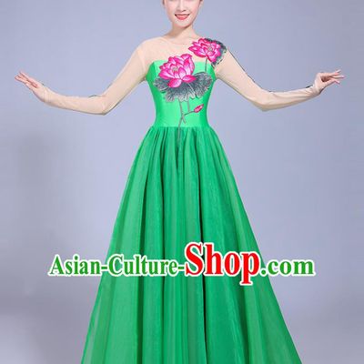 Traditional Chinese Classical Lotus Dance Embroidered Costume, China Yangko Folk Dance Green Dress Clothing for Women