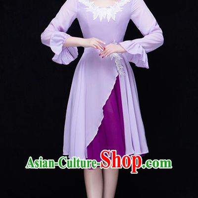 Traditional Chinese Modern Dance Fan Dance Costume, Opening Dance Chorus Singing Group Lilac Dress Clothing for Women