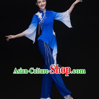 Traditional Chinese Classical Dance Umbrella Dance Blue Costume, China Folk Dance Yangko Yellow Clothing for Women