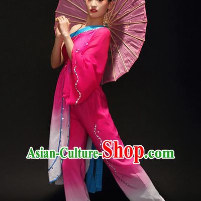 Traditional Chinese Classical Dance Umbrella Dance Costume, China Folk Dance Yangko Rosy Clothing for Women