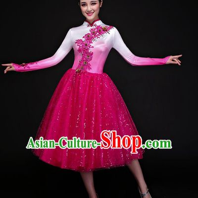 Traditional Chinese Modern Dance Fan Dance Costume, Opening Dance Chorus Bubble Dress Clothing for Women