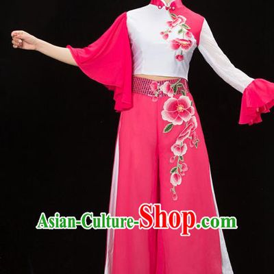 Traditional Chinese Classical Dance Umbrella Dance Embroidered Costume, China Folk Dance Yangko Pink Clothing for Women