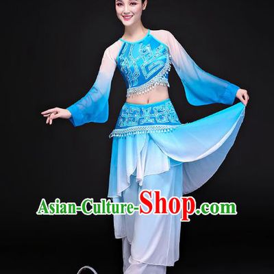 Traditional Chinese Classical Dance Umbrella Dance Blue Uniforms, China Folk Dance Yangko Clothing for Women