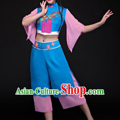 Traditional Chinese Classical Dance Umbrella Dance Embroidered Uniforms, China Folk Dance Yangko Clothing for Women