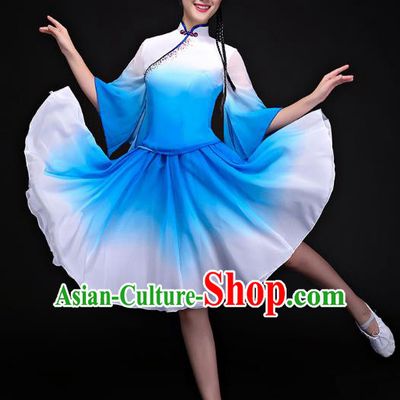 Traditional Chinese Classical Dance Fan Dance Costume, China Yangko Folk Dance Blue Dress Clothing for Women