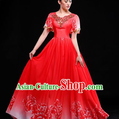 Traditional Chinese Modern Dance Costume, Opening Dance Chorus Red Long Dress Clothing for Women
