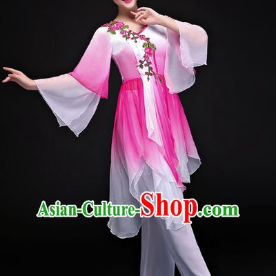 Traditional Chinese Classical Yangge Fan Dance Pink Costume, China Yangko Folk Dance Clothing for Women