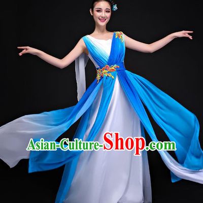 Traditional Chinese Modern Dance Costume, Opening Dance Chorus Blue Long Dress Clothing for Women