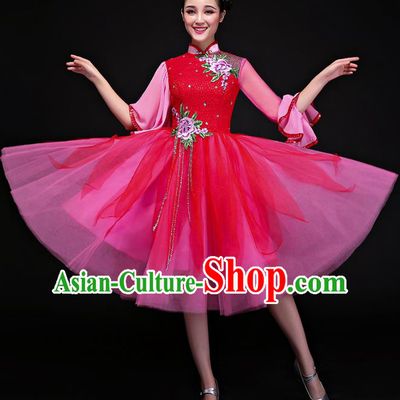 Traditional Chinese Modern Dance Rosy Cheongsam, Opening Dance Chorus Dress Clothing for Women