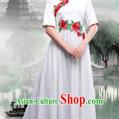 Traditional Chinese Classical Dance Umbrella Dance Cheongsam, China Yangko Folk Dance White Dress Clothing for Women