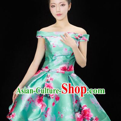 Traditional Chinese Modern Dance Costume, Opening Dance Chorus Green Bubble Dress Clothing for Women