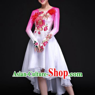 Traditional Chinese Modern Dance Embroidered Pink Costume, Opening Dance Chorus Dress Clothing for Women