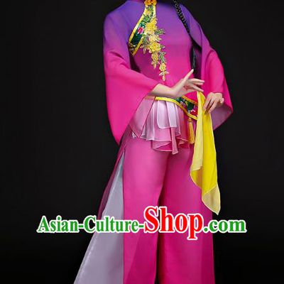 Traditional Chinese Classical Fan Dance Costume, China Yangko Folk Dance Purple Clothing for Women