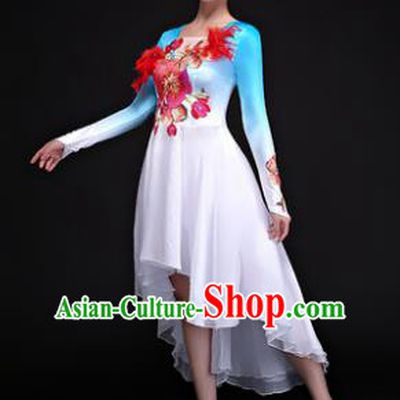 Traditional Chinese Modern Dance Embroidered Blue Costume, Opening Dance Chorus Dress Clothing for Women