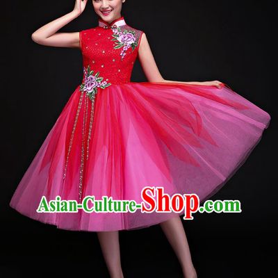 Traditional Chinese Modern Dance Embroidered Red Bubble Dress, Opening Dance Chorus Clothing for Women