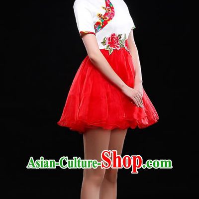 Traditional Chinese Classical Dance Costume, China Yangko Folk Dance Red Short Dress Clothing for Women