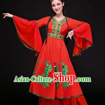 Traditional Chinese Uyghur Nationality Dance Costume, Chinese Uigurian Minority Dance Red Dress Clothing for Women