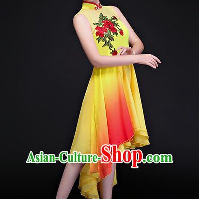 Traditional Chinese Classical Fan Dance Embroidered Yellow Cheongsam Dress, China Yangko Folk Dance Clothing for Women