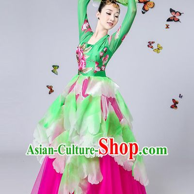 Traditional Chinese Modern Dance Opening Dance Embroidered Green Bubble Dress Clothing for Women
