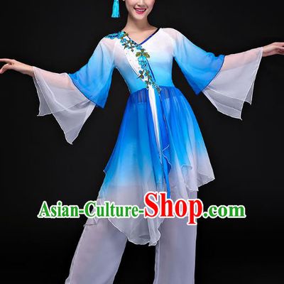 Traditional Chinese Classical Yangge Dance Costume, China Yangko Folk Dance Blue Clothing for Women