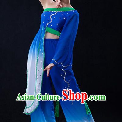 Traditional Chinese Classical Yangge Fan Dance Costume, China Yangko Folk Dance Blue Clothing for Women