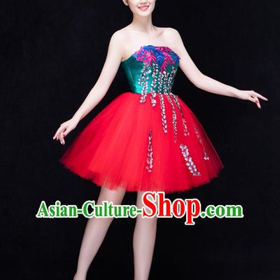 Traditional Chinese Modern Dance Fan Dance Costume, Opening Dance Chorus Red Veil Dress Clothing for Women