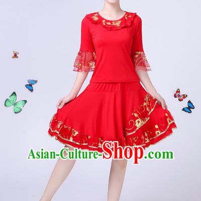 Traditional Chinese Classical Umbrella Dance Costume, China Yangko Folk Dance Yangge Red Clothing for Women