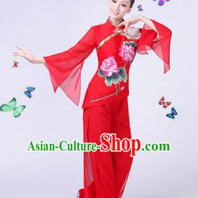 Traditional Chinese Classical Umbrella Dance Red Costume, China Yangko Folk Fan Dance Clothing for Women