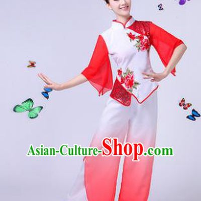 Traditional Chinese Classical Umbrella Dance White Costume, China Yangko Folk Fan Dance Clothing for Women