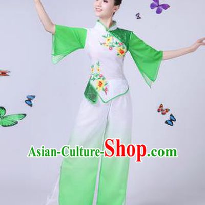 Traditional Chinese Classical Umbrella Dance Green Costume, China Yangko Folk Fan Dance Clothing for Women
