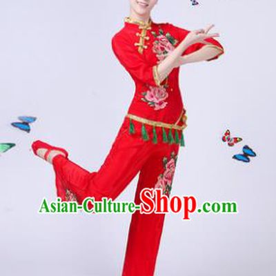 Traditional Chinese Classical Umbrella Dance Embroidered Red Costume, China Yangko Folk Fan Dance Clothing for Women