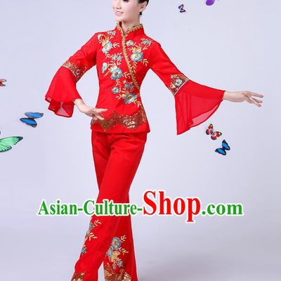 Traditional Chinese Classical Umbrella Dance Embroidered Red Uniform, China Yangko Folk Fan Dance Clothing for Women