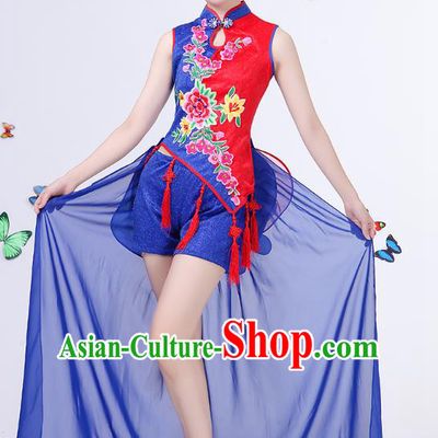 Traditional Chinese Modern Dance Opening Dance Clothing Jazz Dance Chorus Embroidered Blue Costume for Women