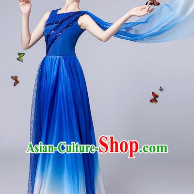 Traditional Chinese Modern Dance Opening Dance Clothing Chorus Blue Dress Costume for Women