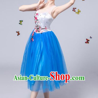 Traditional Chinese Modern Dance Opening Dance Clothing Chorus Blue Veil Dress Costume for Women