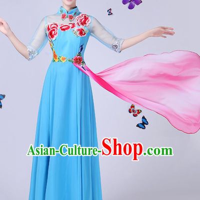 Traditional Chinese Modern Dance Opening Dance Clothing Chorus Blue Cheongsam Dress Costume for Women