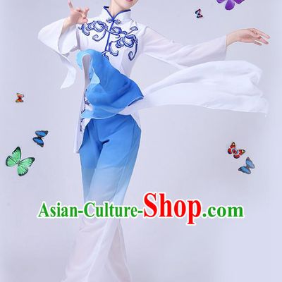 Traditional Chinese Classical Umbrella Dance White Costume, China Yangko Folk Fan Dance Clothing for Women