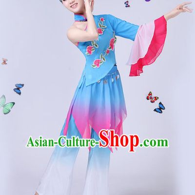 Traditional Chinese Classical Umbrella Dance Embroidered Blue Costume, China Yangko Folk Fan Dance Clothing for Women