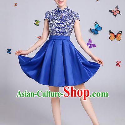 Traditional Chinese Modern Dance Opening Dance Clothing Chorus Blue Cheongsam Dress Costume for Women